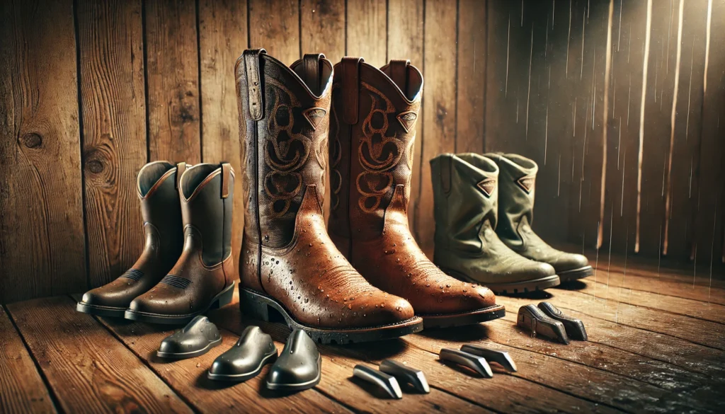 Bottes santiag avec couvre-bottes, embouts métalliques et protège-talons sur un sol en bois