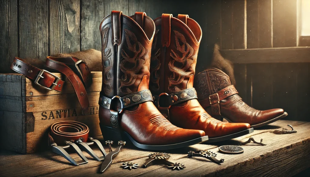 Bottes santiag avec éperons, sangles en cuir et embouts métalliques sur une surface en bois rustique