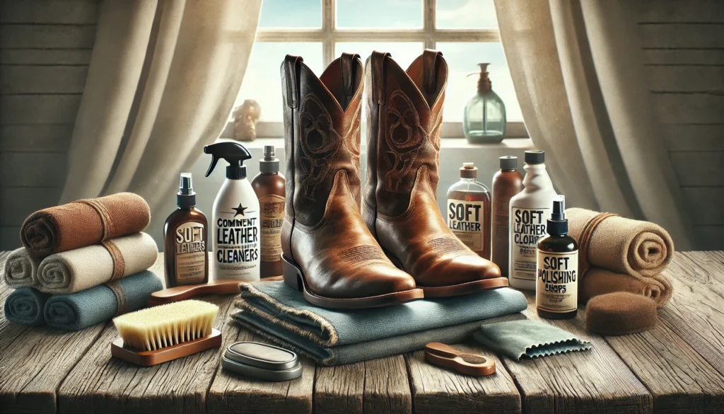 Bottes santiag avec nettoyants en cuir, chiffons de polissage et sprays imperméabilisants sur un sol en bois rustique