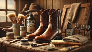 Bottes santiag bien entretenues avec produits de soin sur une surface en bois
