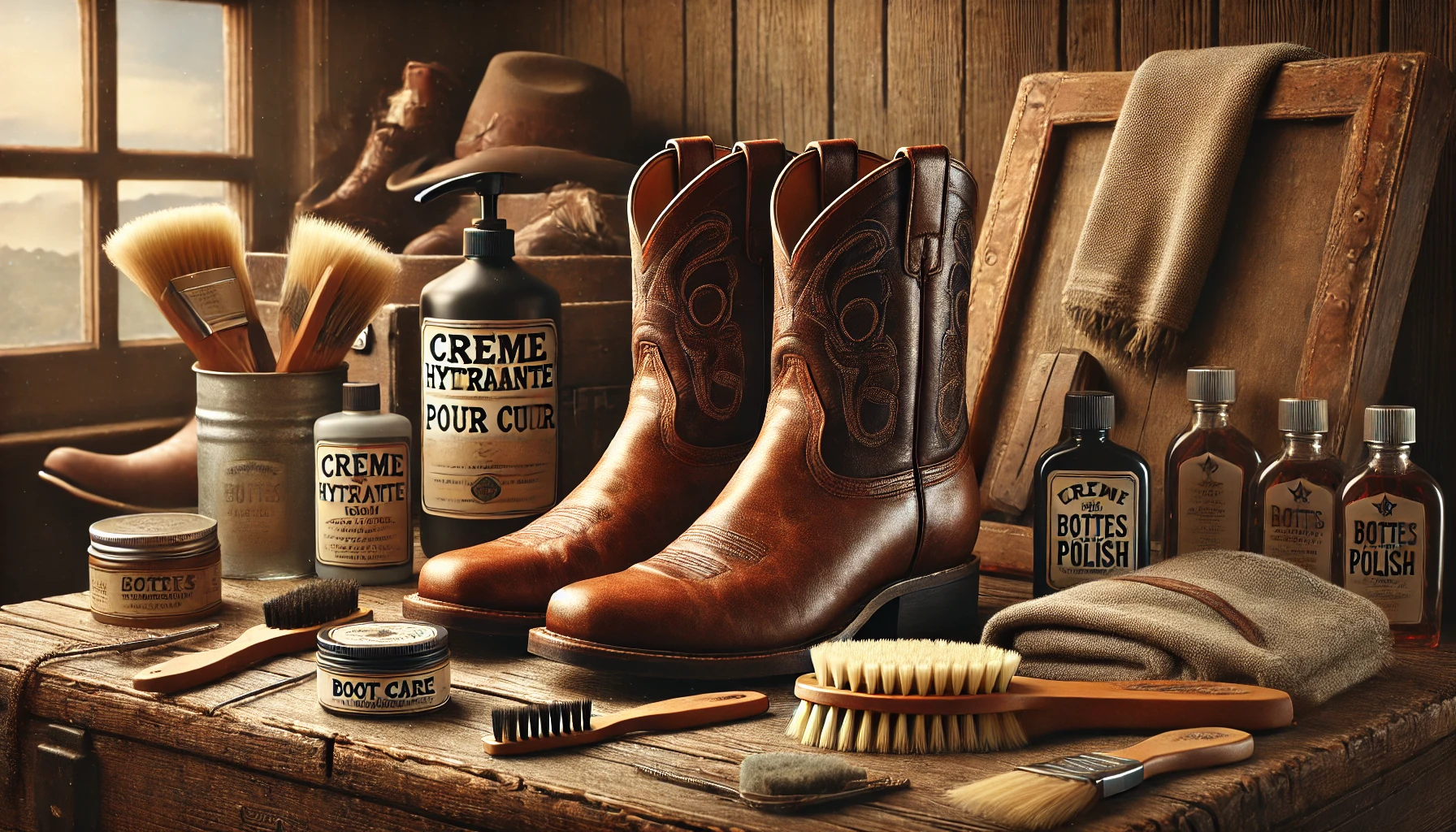 Bottes santiag bien entretenues avec produits de soin sur une surface en bois