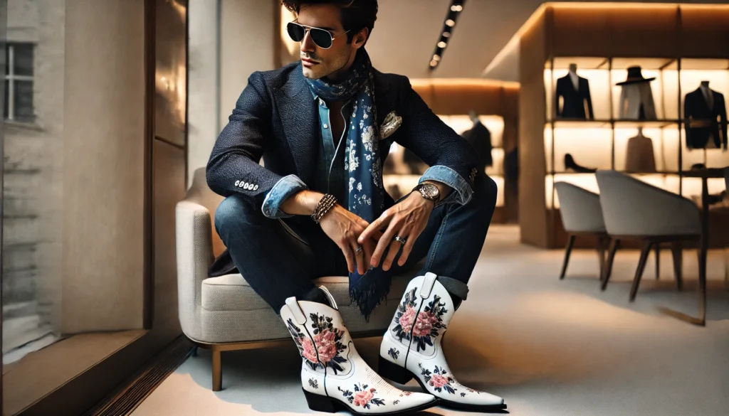Look classique avec blazer bleu marine, chemise chambray, et bottines santiag blanches à fleurs, dans un intérieur élégant