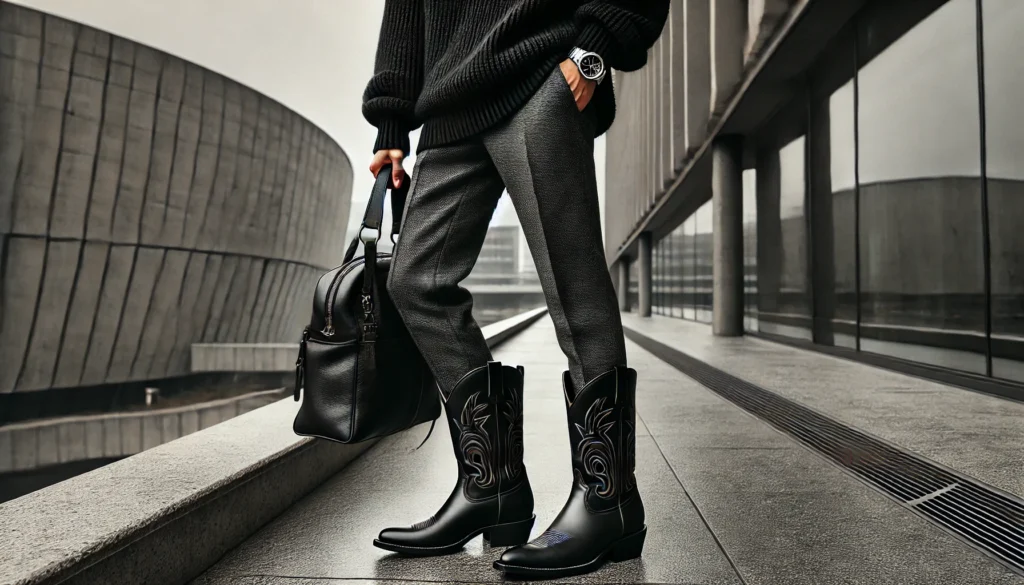 Look épuré avec pull col roulé noir, pantalon en laine gris, et bottes cowboy noires dans un paysage urbain moderne