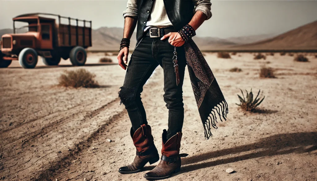 Look nomade avec gilet en cuir, jeans noirs, et bottes cowboy rustiques dans un décor désertique