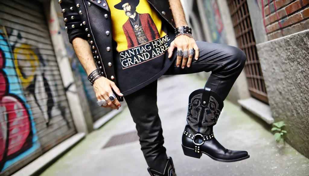 Look rock avec t-shirt graphique, veste en cuir cloutée, et santiags noires dans une ruelle urbaine