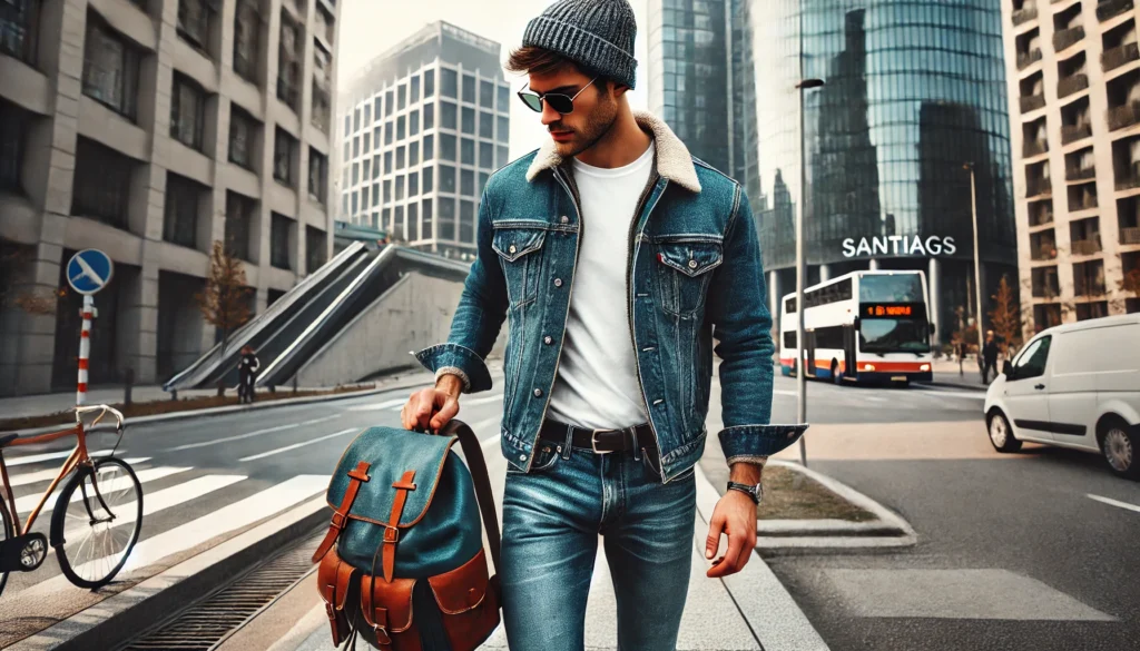 Look urbain avec veste en jean, t-shirt blanc, et santiags turquoise en pleine ville