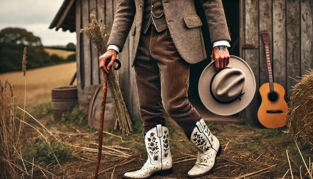 Tenue champêtre avec veste en tweed, pantalon en velours, et bottines santiag blanches à fleurs en extérieur rustique