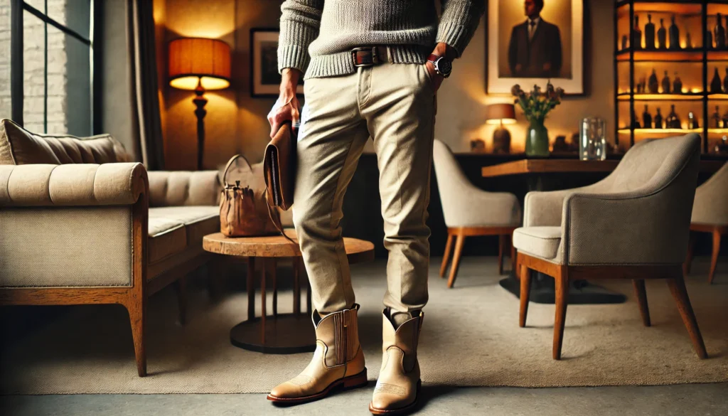 Tenue décontractée élégante avec pantalon chino beige et bottines santiag beige dans un café chaleureux.