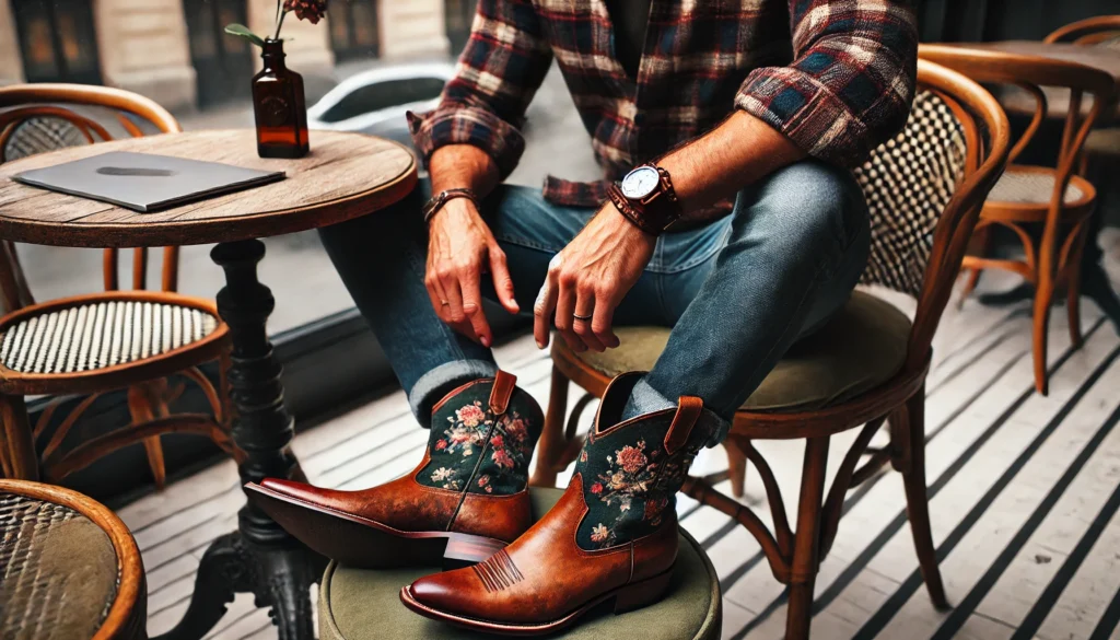 Tenue décontractée et raffinée avec chemise en flanelle, jeans brut, et bottines santiag marron dans un café en plein air