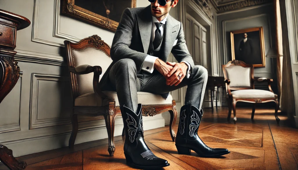 Un costume gris ajusté avec santiags noires, dans un décor sophistiqué avec un style rebelle