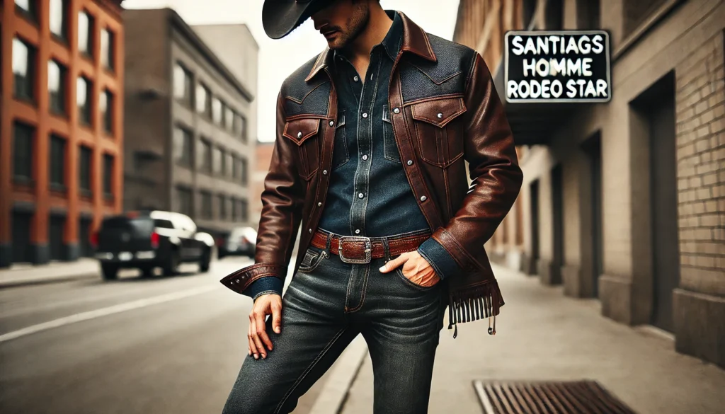 Un homme en chemise en denim foncé, veste en cuir marron, portant des santiags classiques dans un décor urbain