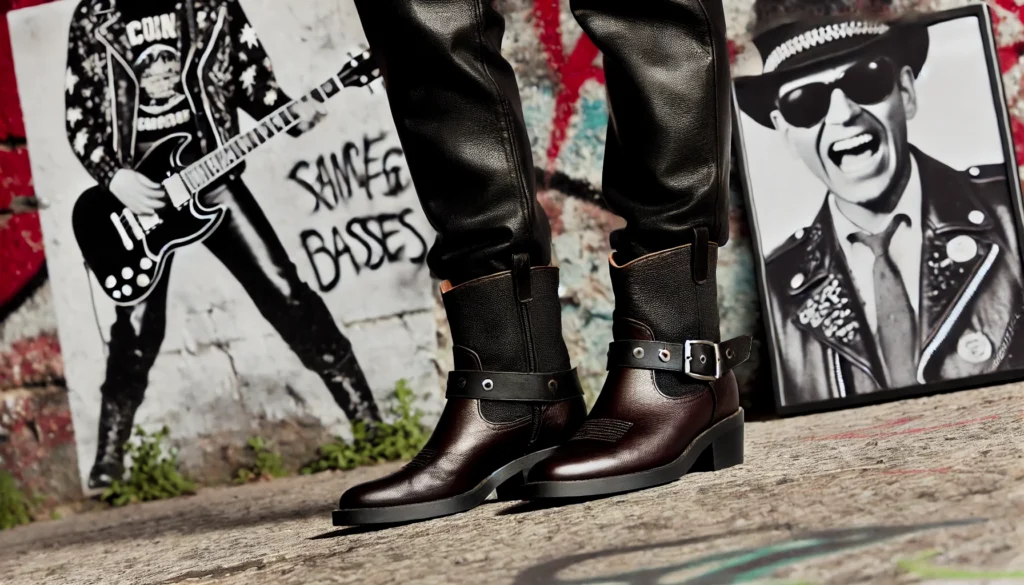 Santiags basses avec pantalon en cuir et t-shirt vintage dans un cadre urbain