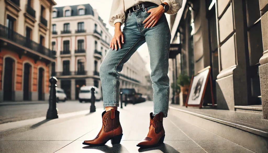 Santiags basses portées avec un jean slim et une blouse dans un cadre urbain