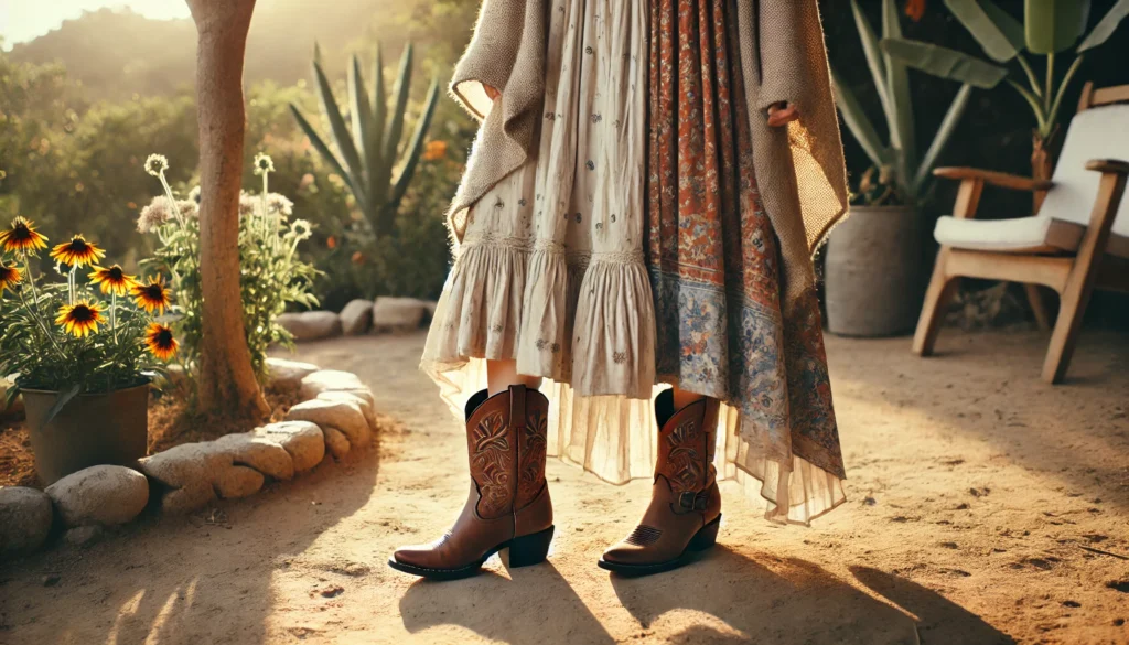 Santiags basses portées avec une jupe fluide et un cardigan dans un jardin ensoleillé