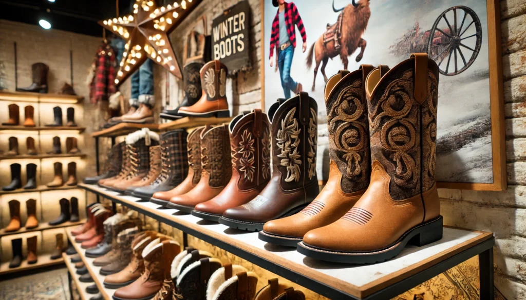 Gros plan sur des bottes cowboy tendance sur étagères