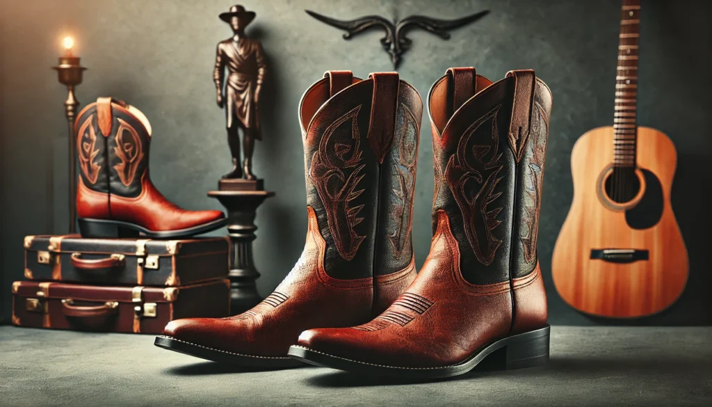 santiags masculines modernes en cuir, mises en scène dans un cadre de mode avec une subtile touche de culture western