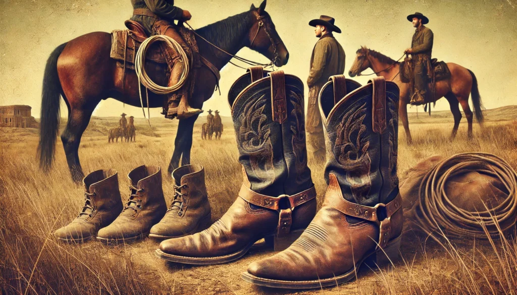 santiags portées par des cow-boys à cheval sur une prairie, illustrant leur origine et leur utilisation dans le Far West américain.
