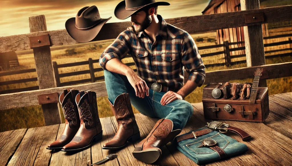 un homme en tenue western complète, incluant des santiags, un chapeau de cow-boy, une chemise à carreaux et un jean