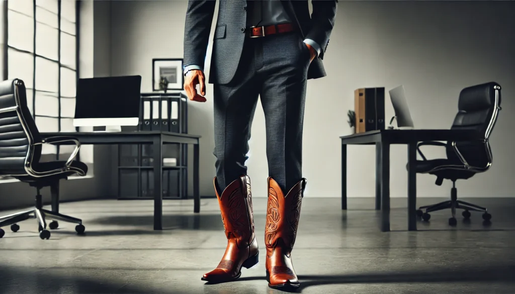 un homme portant des santiags avec un costume bien ajusté, dans une teinte classique comme le bleu marine ou le gris anthracite, avec les bottes discrètement visibles.