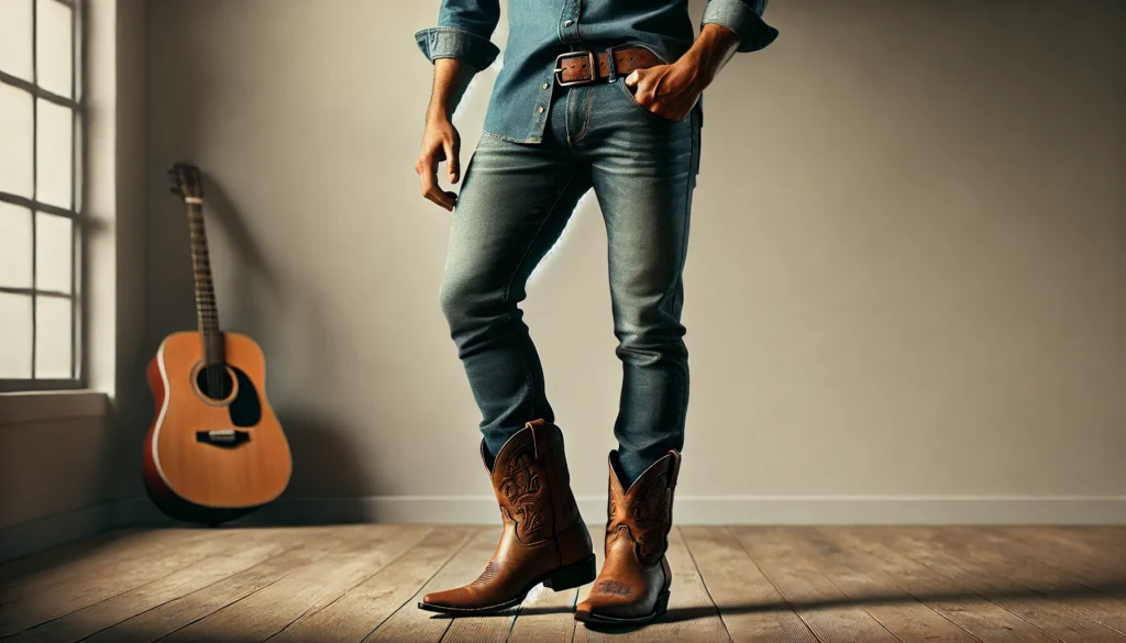 un homme portant des santiags avec un jean slim rentré, accompagné d'une chemise en denim et d'une ceinture en cuir assortie, créant un look décontracté.