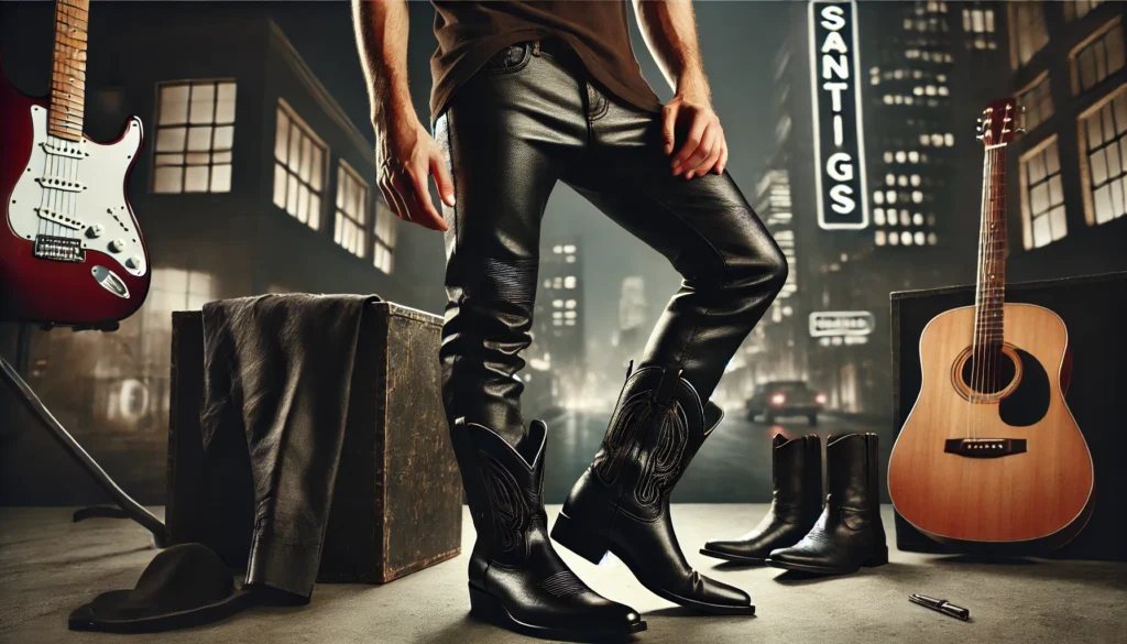 un homme portant des santiags avec un pantalon en cuir noir slim et un t-shirt basique