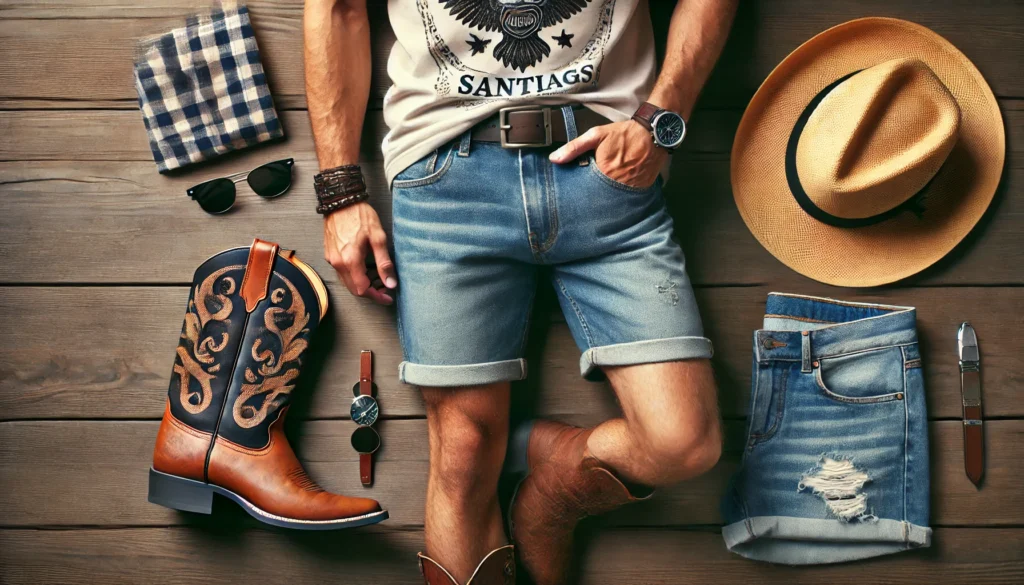 un homme portant des santiags avec un short en jean et un t-shirt, dans un cadre estival en plein air avec des accessoires