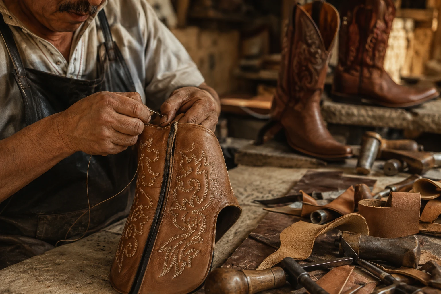 Artisan bottier cousant une santiag en cuir dans un atelier de León au Mexique