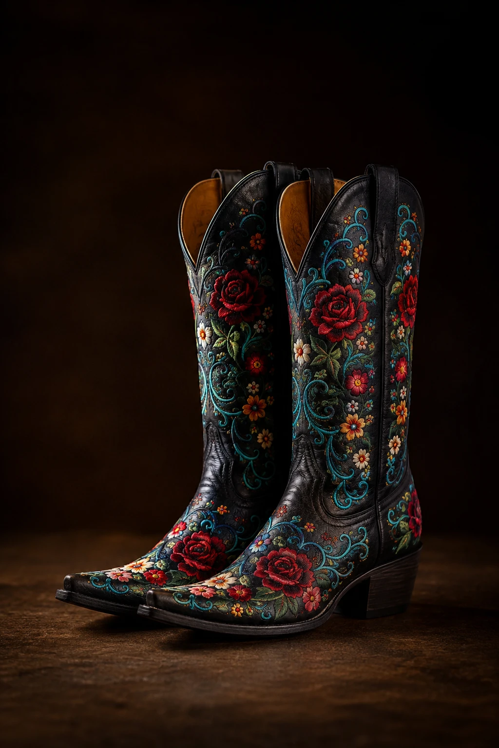 Santiags Old Gringo femme noires à broderies florales colorées